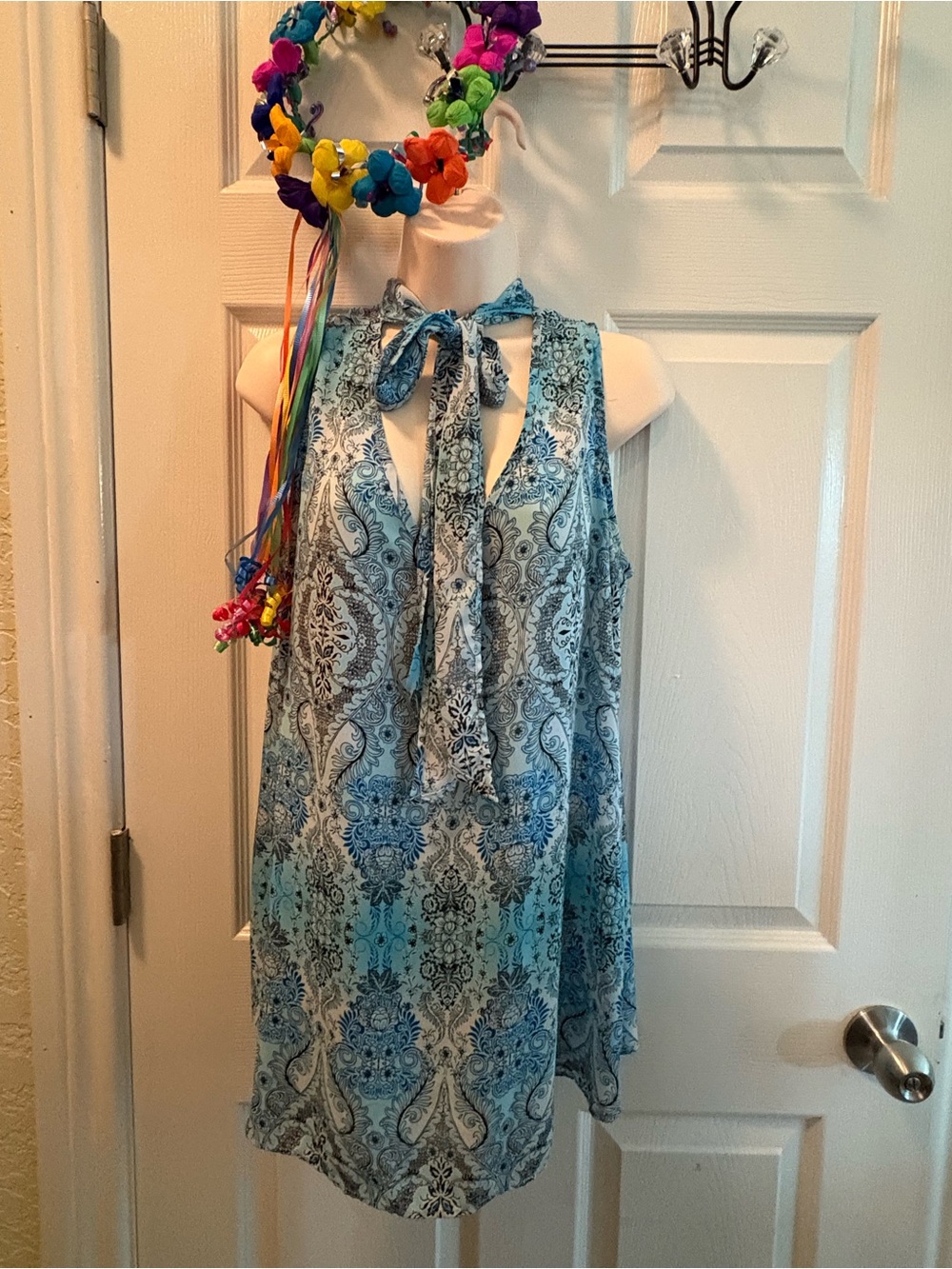 Chenault Blue Paisley Tie-Neck Sleeveless Tunic